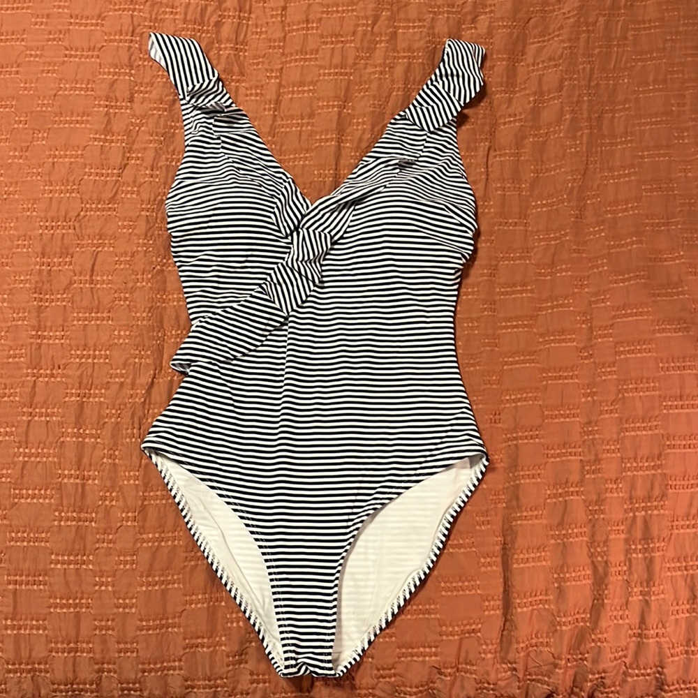 Niptuck Swim Navy & White Striped Ruffle Swimsuit